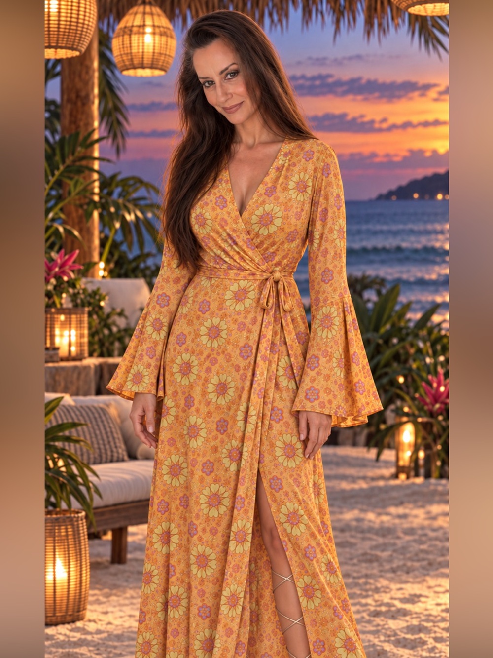 EUC Nine Lives Bazaar Floral Split Bell Boho Wrap Maxi Dress AU 14 US 10